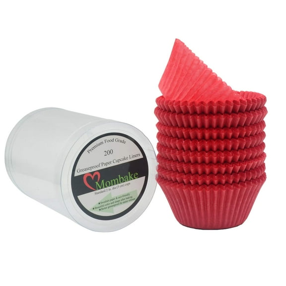 Mombake Premium Red Greaseproof Cupcake Liners Muffin Paper Baking Cups Standard Size, 200-Count
