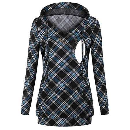 

HGWXX7 Maternity Clothing Winter Womens Multifunctional Lactation Plaid Stitching Long Sleeve Top