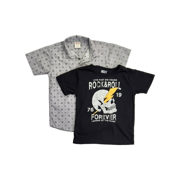 Boys Black Short Sleeve Rock & Roll 2 Piece T-Shirt & Button Up Shirt Med 10-12