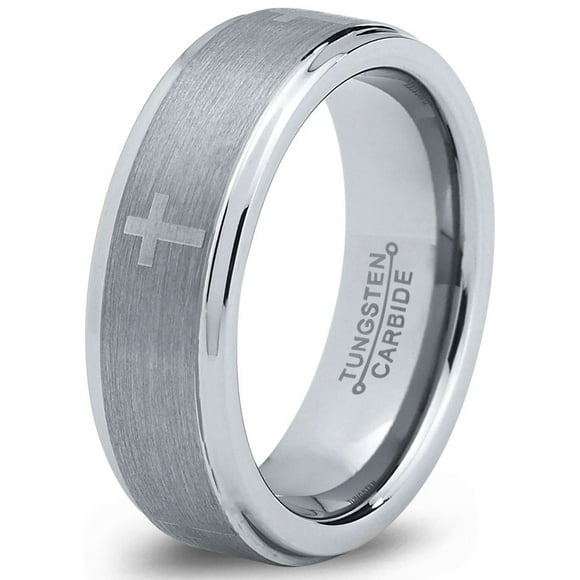 Tungsten Wedding Band Ring 6mm for Men Women Comfort Fit Christian Cross Step Beveled Edge Brushed Lifetime Guarantee