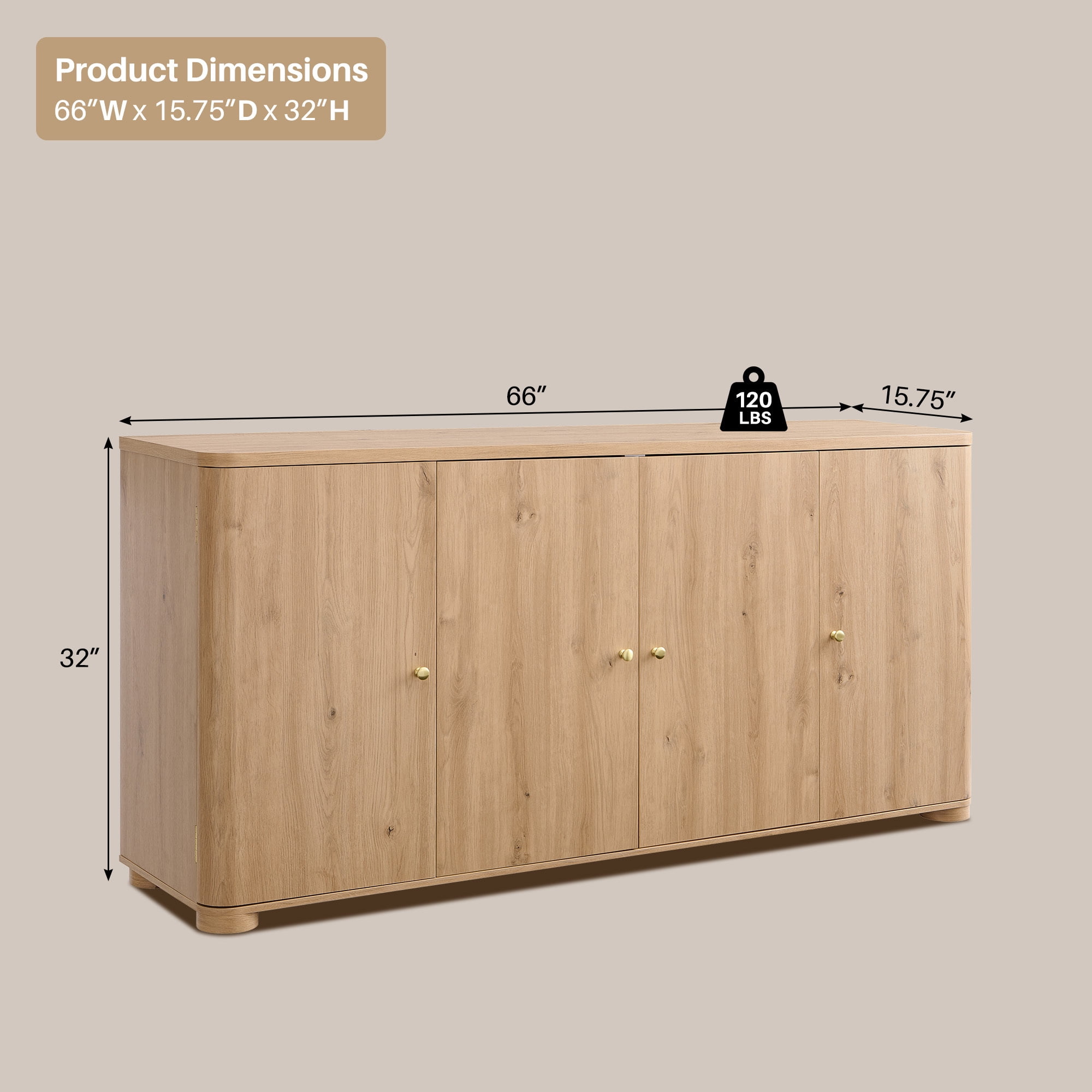 Aitjunz Kitchen Buffet Sideboard Cabinet, 66" Curved Coffee Bar Storage Cabinet with 4 Doors and Shelves for Kitchen, Dining Room, Natural