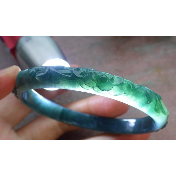 Certified Icy Green Burma 100% Natural A JADE Jadeite Rose Flower Bangle Bracelet 61 mm 663914 TN