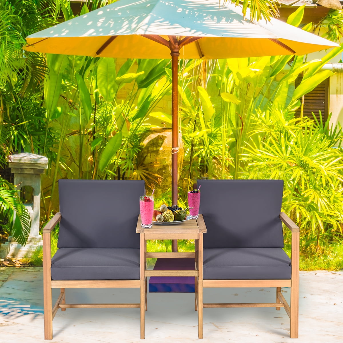 Costway 3 in 1  Patio Table Chairs Set Solid Wood Garden Furniture