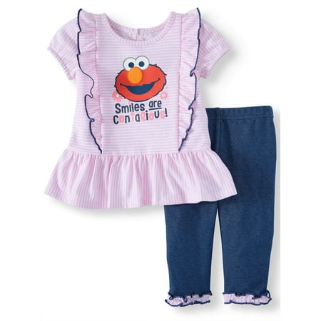 Elmo Short Sleeve Ruffle Tunic Top & Leggings, 2pc Outfit Set (Baby Girls)