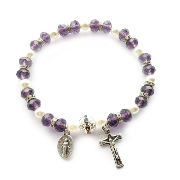 Acahhotxx Cross Bracelet, Catholic Bracelet Women for Beaded Stretch Rosary Bracelet Religious Jewelry Elastic for Women Men - Purple