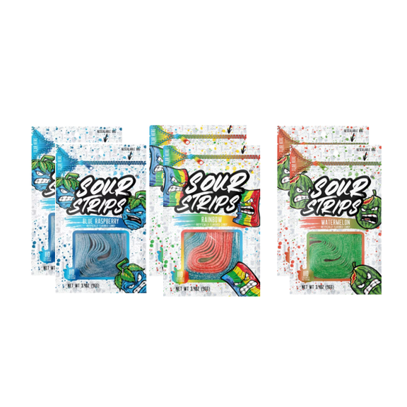 Sour Strips Variety Pack, 6 Count – Watermelon, Rainbow & Blue Raspberry Flavors – Assorted Vegan Sour Candy Belts – Soft, Chewy & Sweet Tart Candy Gift Box