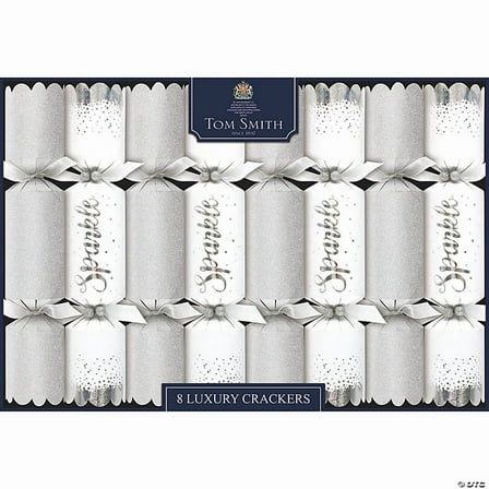 Morris Costumes - 8" Tom Smith Silver & White Sparkle Luxury Christmas Party Crackers - 8 Pc. -
