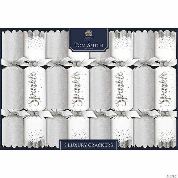 Morris Costumes - 8" Tom Smith Silver & White Sparkle Luxury Christmas Party Crackers - 8 Pc. -