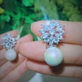 thumbnail image 2 of EOEMY Gorgeous White Gold Plated Cubic Zircon Bridal Flower Leaf Pearl Dangle Earrings, 2 of 9