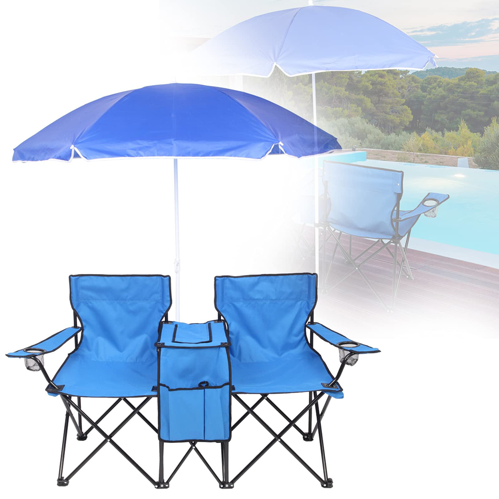 Folding Picnic Beach Camping Double Chair+Umbrella Table Cooler Fishing Travel 