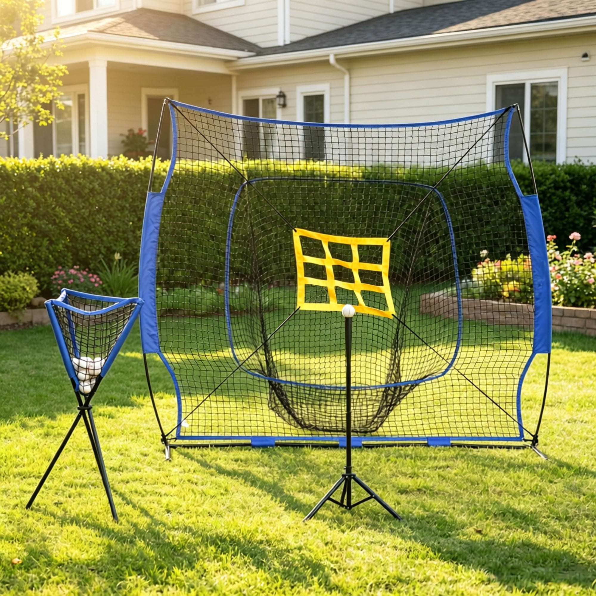 Baseball Hitting Net Set with Adjustable Batting Tee, 120-Ball Caddy & 12 Baseballs, Portable Steel Frame Softball Practice Net with Carry Bag for Backyard Training