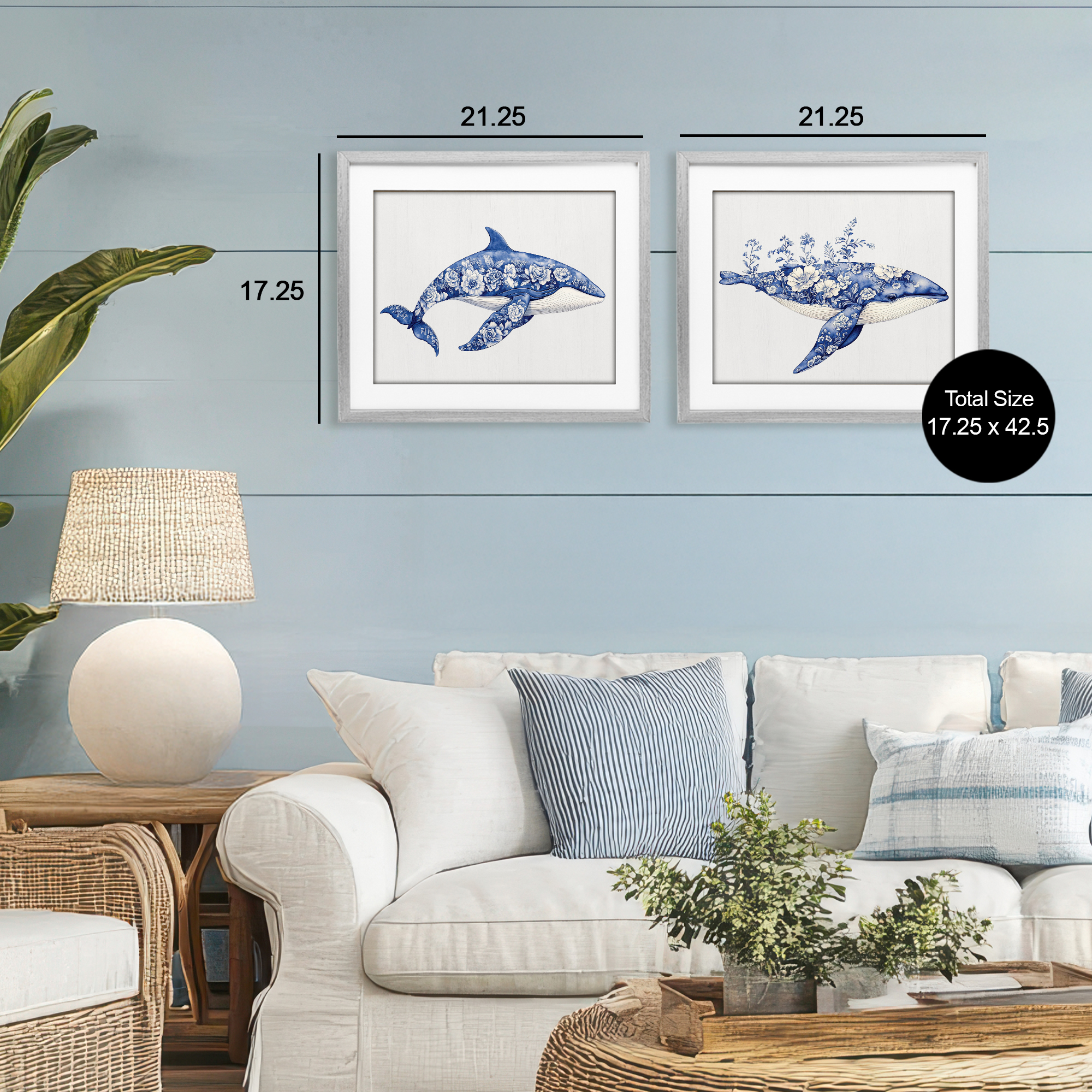 Blooming Toile Pattern Whales 2 Piece Gray Framed Print Under Glass Set, design by Lettered and Lined