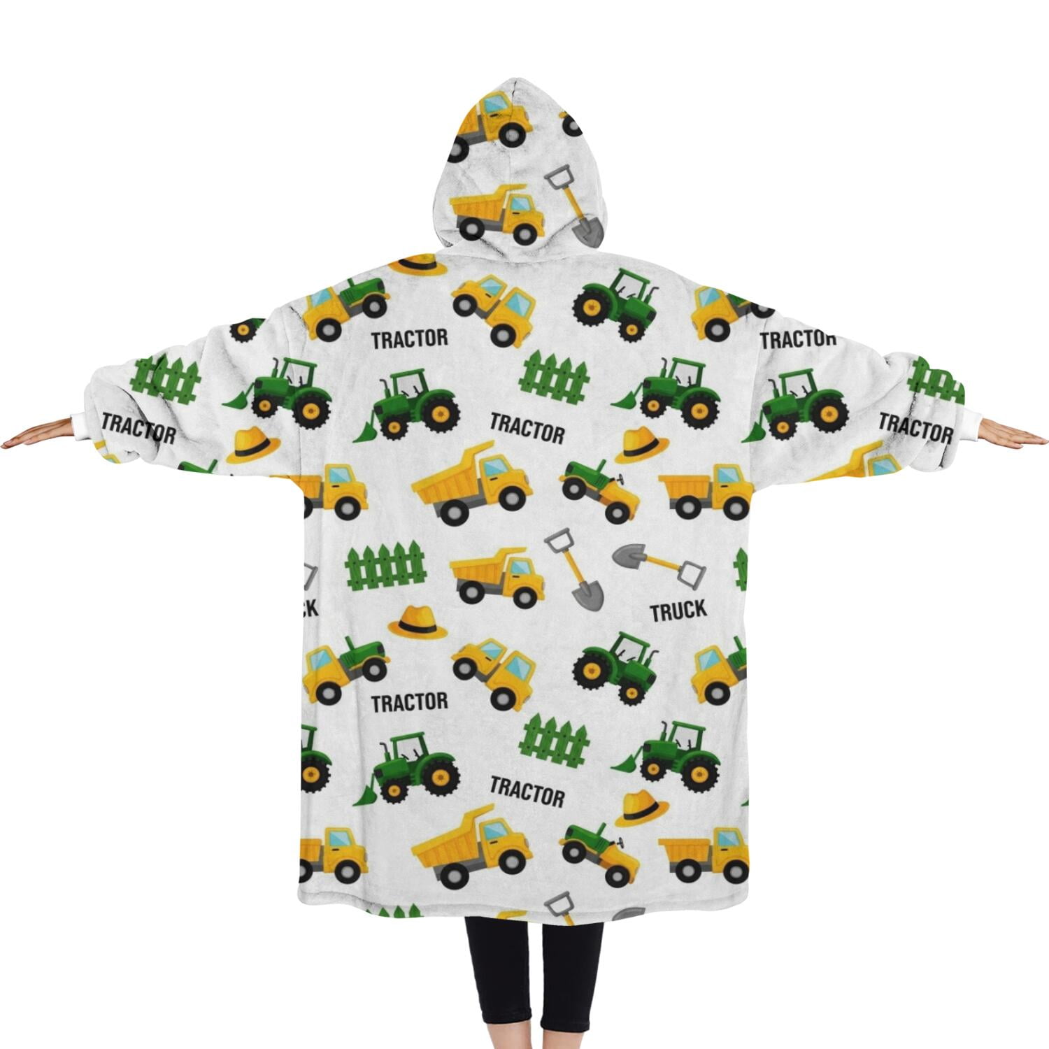 Oversized Wearable Blanket Hoodie,Cartoon Tractors Fences White Pattern Sherpa Blanket Hoodie with Super Pockets,Super Warm Fuzzy Pullover for Women & Men