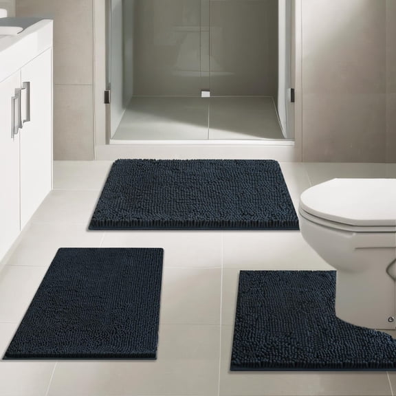 GoXteam Bathroom Rugs Chenille Bath mat 3 Piece Set, Super Absorbent, Strong PVC Non Slip Backing, Bath mats for Bathroom, Plush Shaggy, Thick, Machine Washable, Bathtub, Toilet, Dark Gray