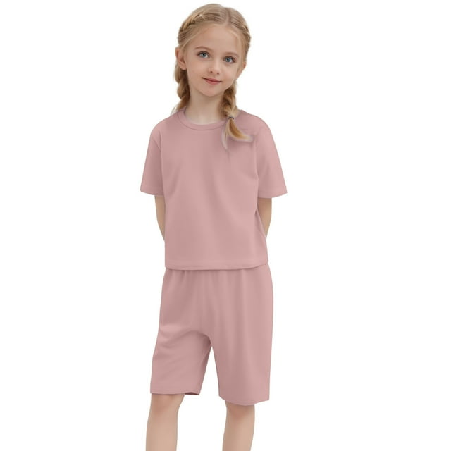 TZEWGL Ensemble 2 Pcs Pull à Manches Courtes T-Shirt Col Rond Hauts Shorts pour Fille Maison et Extérieur pour Tout-Petits Taille 6-7T