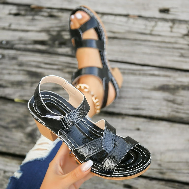 Block Heel Sandals for Women Ladies Mid High Heels Chunky Faux Leather Sandals Peep Toe Easy Fasten Walking Sandals Work Office Party Occasion Heeled Strappy Shoes Walmart
