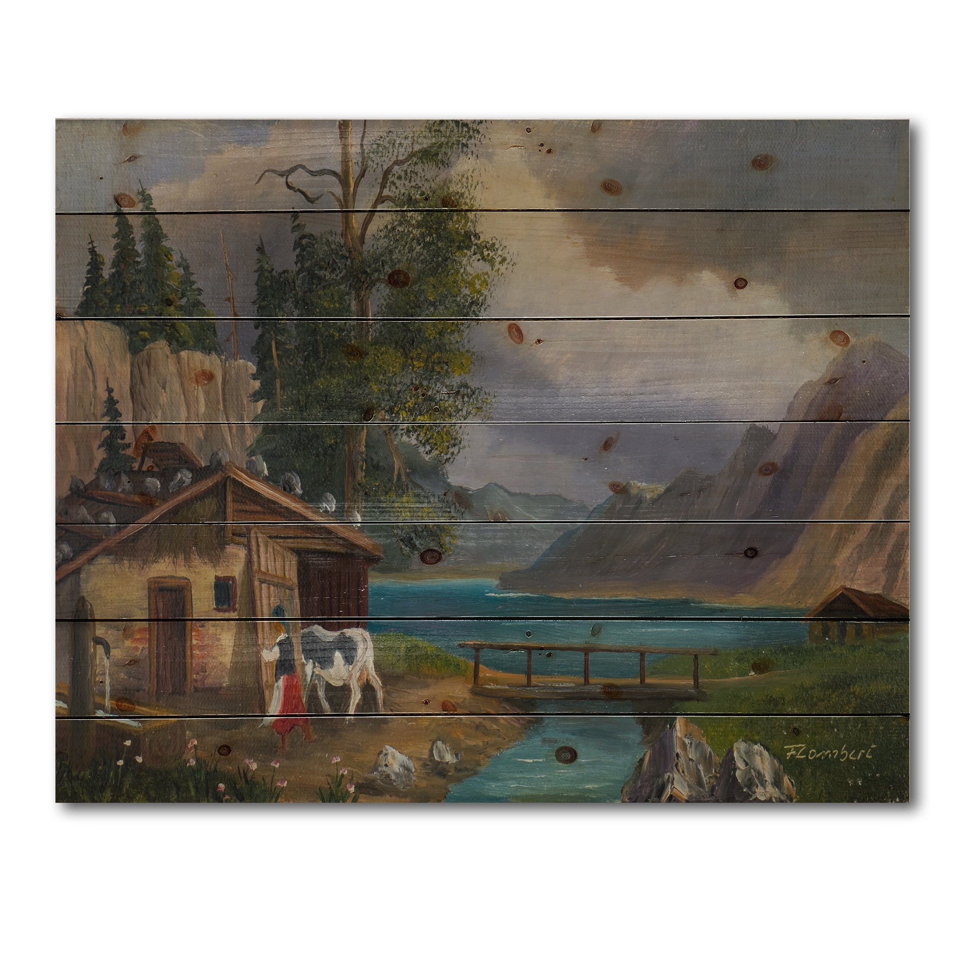 Designart 'Girl Brings The Cow Into The Stable At A Lake' Farmhouse Print on Natural Pine Wood