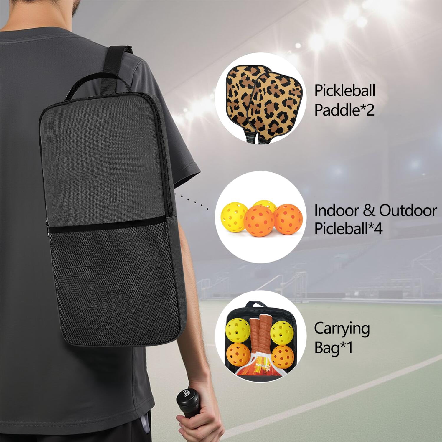 Pickleball Paddles Set Of 2, Fiberglass Surface, Animal, Leopard Print, 4 Balls & Bag