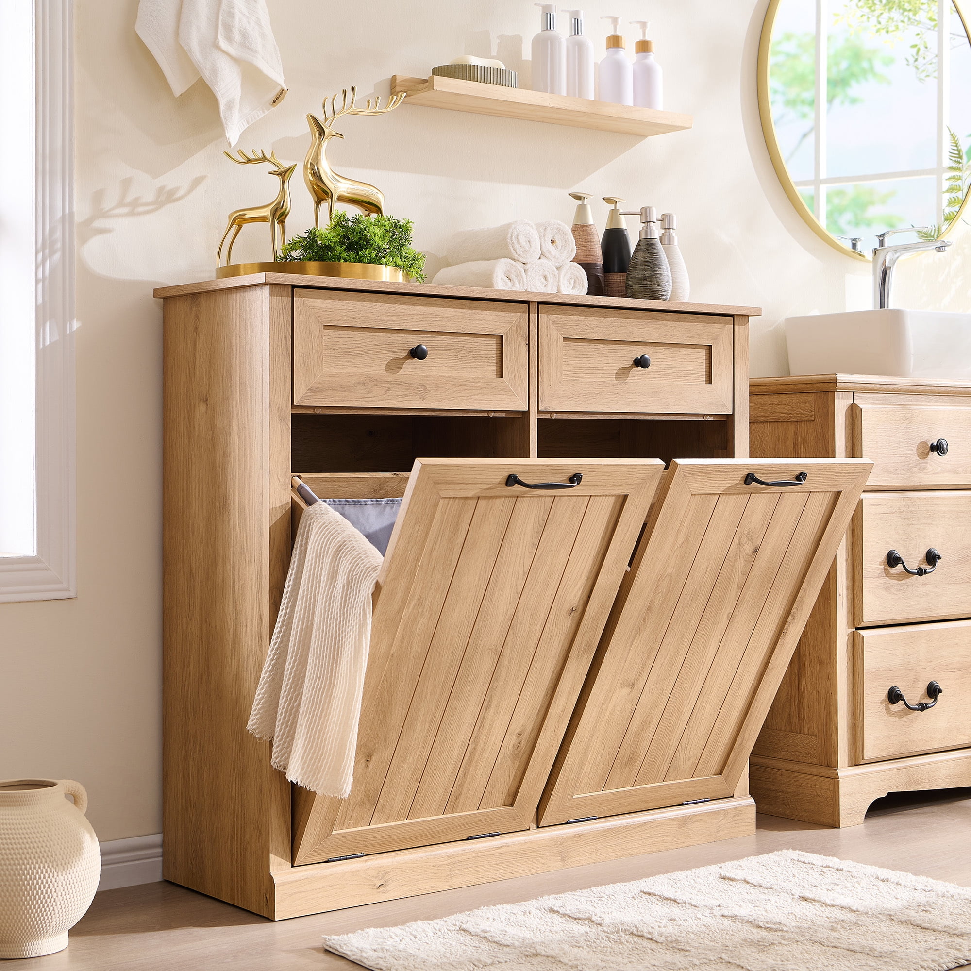 Double Tilt Out Trash Cabinet, 20 Gallon Farmhouse Laundry Hamper Cabinet with 2 Drawers, Storage Basket for Kitchen, Living Room, Natural