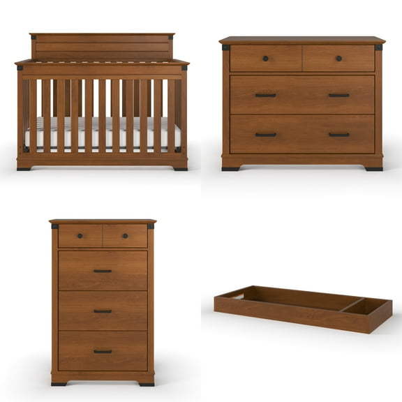 Child Craft Redmond Crib, Dresser, Topper & Chest Nursery Set, 4-in-1 Convertible Crib, Coach Cherry, 4-Piece
