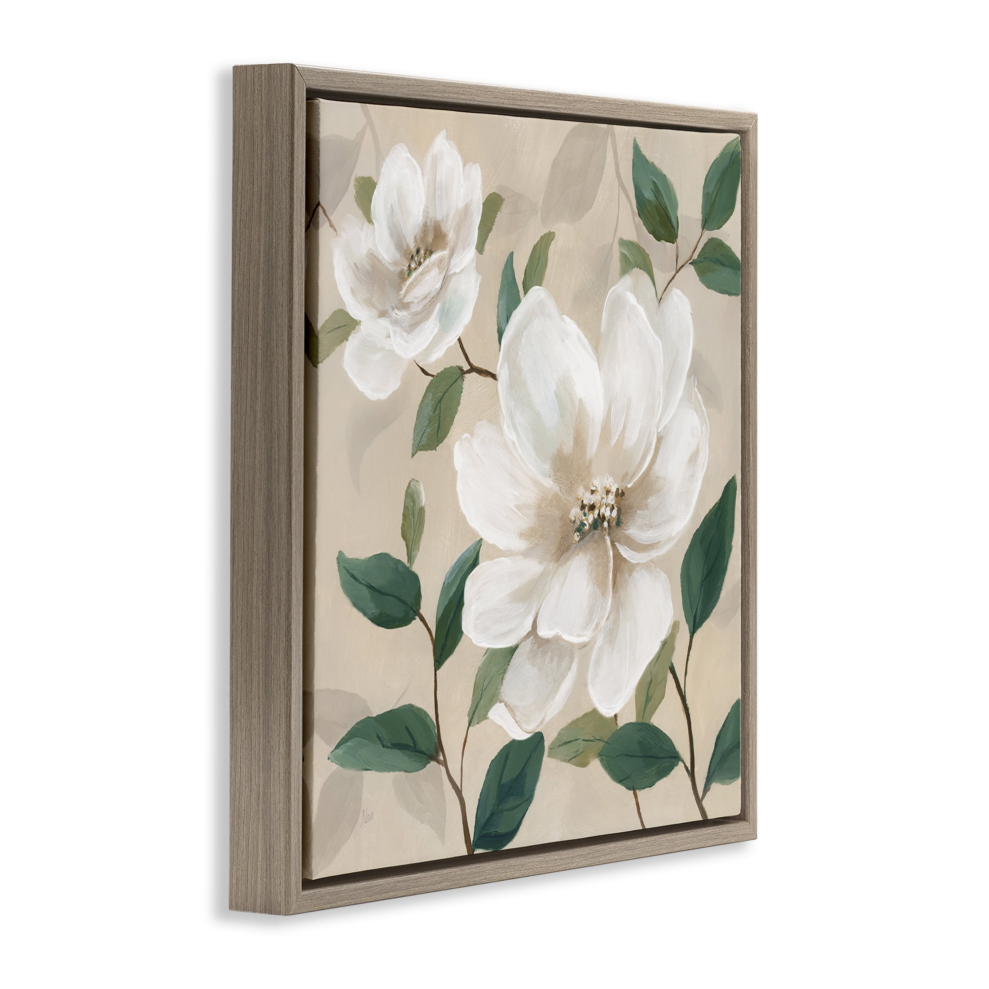 Stupell Industries Serene White Blossom with Leaves Brown Framed Floater Canvas Wall Art, design by Nan