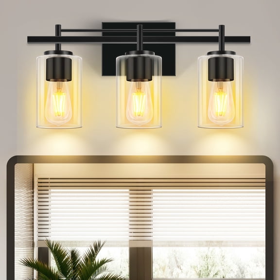 GCGAFUL Bathroom Vanity Light, 17.32 in. 3-Light Matte Black Modern Wall Sconce with Clear Glass Shade