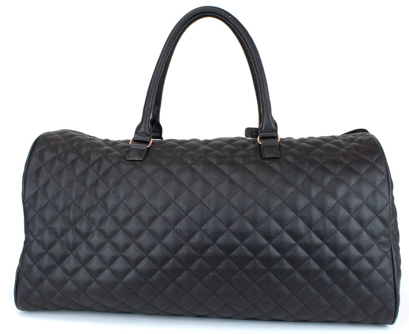 Women s Quilted Leather Weekender Travel Duffel Bag With Rose Gold
