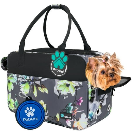 PetAmi Dog Purse Carrier for Small Dogs  Airline Approved Soft Sided Pet Carrier w/ Pockets  Ventilated Dog Carrying Bag Puppy Cat  Dog Travel Supplies Accessories Carry Tote  Sherpa Bed  Floral Gray