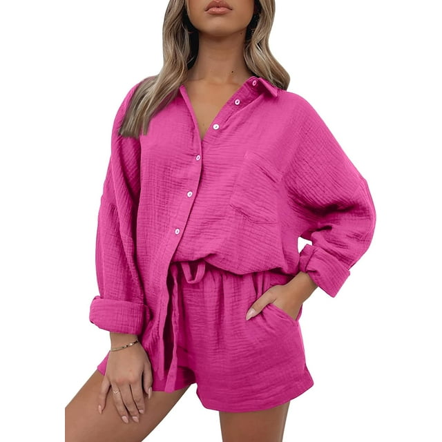 2 Piece Outfits Women Lounge Sets Fall Outfits Button Down Oversized Shirts And Shorts Tracksuit