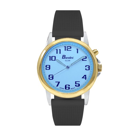 Bandini Mens Glow Watch - Washable Deployment Silicone Band - 38mm Analog Men's Easy Read Watch with Light, Light Up Watches, Quartz, White Dial, Big Numbers, Glow in Dark Hands - Two-Tone / Black
