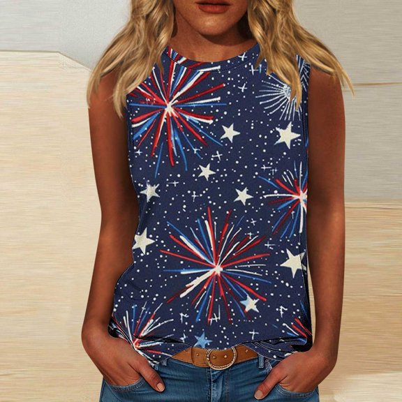 Jsaierl Women's 4th of July Tank Tops Plus Size Patriotic American Flag Print Tees Loose Fit Sleeveless T Shirts Camisole Lightweight Crewneck Tanks S-XXXXXL