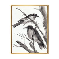 Designart 'Vintage Black and White Sleeping Crows' Traditional Framed Canvas Wall Art Print