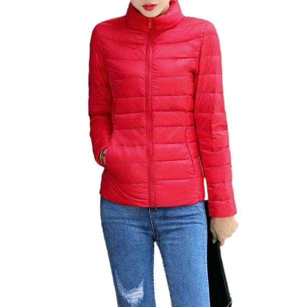 LUXUR Women Down Jackets Stand Up Collar Puffer Jacket Full Zip Coat Packable Outwear Solid Color Red XL