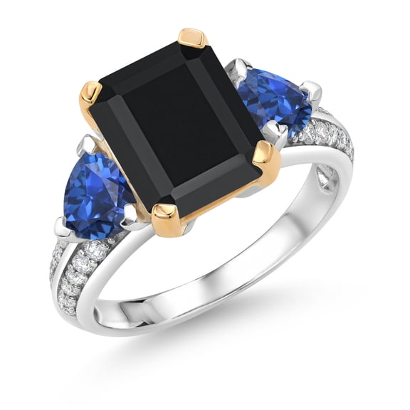 Gem Stone King 925 Sterling Silver and 10k Yellow Gold Black Onyx and Blue Created Sapphire 3 Stone Engagement Ring for Women (4.40 Cttw, Octagon Cut 10X8MM, Size 5)
