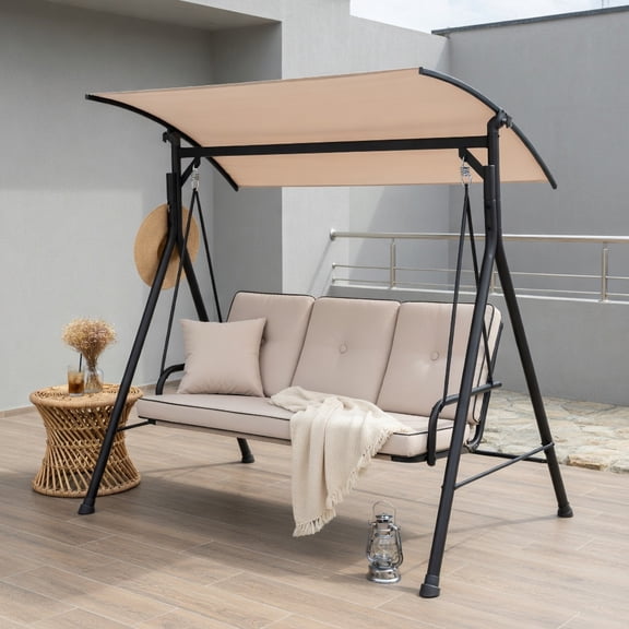 Topcobe 3-Person Outdoor Patio Porch Swing with Adjustable Canopy and 900 Lbs Weight Capacity, Outdoor Patio Furniture for Balcony Garden Backyard