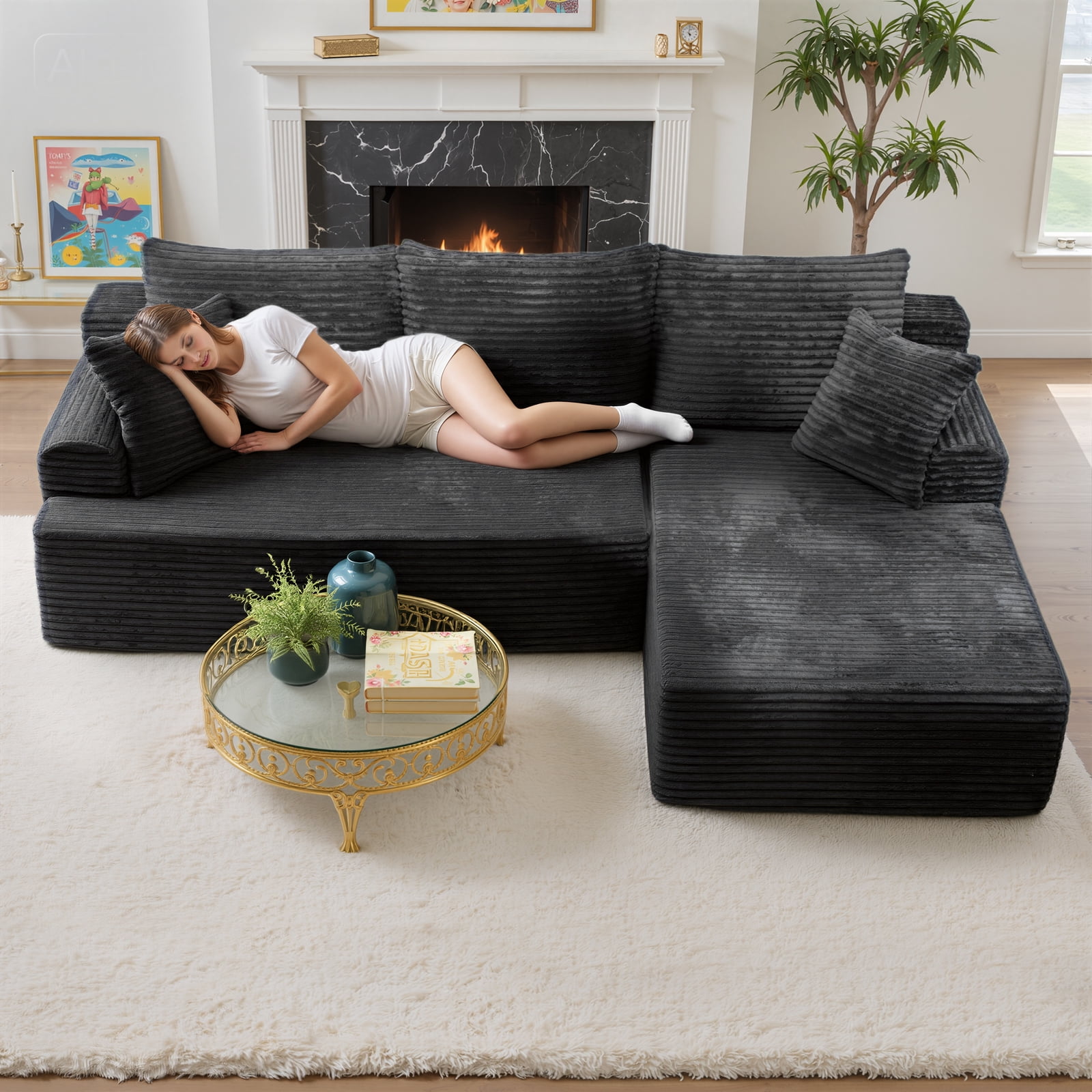 Kelyda 96" Modular L-Shaped Cloud Sofa, Plush Boneless Sectional with Deep Seats Chaise Corduroy Fabric, Grey
