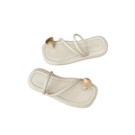 

Daeful Womens Summer Shoes Beach Sandal Open Toe Ring Flat Sandals Comfort Slip On Slides Slippers Women s Casual Beige 8.5