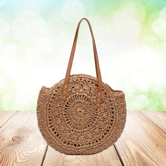 WHAMVOX Straw Bag Round Straw Beach Bag Travel 47.00X43.00X2.00CM Khaki