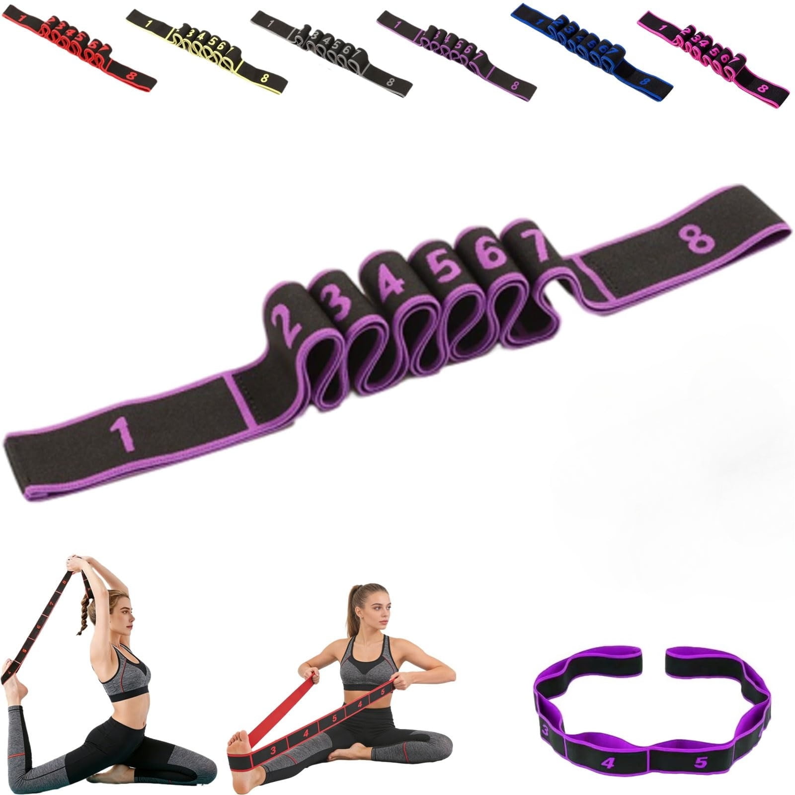 Fitness Resistance Band for Stretching and Yoga, Numbered Resistance Bands for Glutes, 8 Section Number Stretch Band with Clear Markings for Yoga, Stretching, Pilates, Fitness