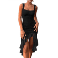 thumbnail image 3 of Vestido Midi Ajustado Fruncido para Mujer, Cuello Cuadrado, Sin Mangas, Bajo con Volantes, Vestido de Fiesta para Discoteca, Negro, Talla S, 3 of 7
