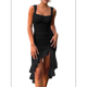 thumbnail image 3 of Vestido Midi Ajustado Fruncido para Mujer, Cuello Cuadrado, Sin Mangas, Bajo con Volantes, Vestido de Fiesta para Discoteca, Negro, Talla S, 3 of 7