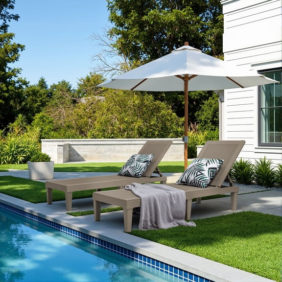 Devoko Set of 2 Outdoor Patio Chaise Lounge Chairs, Rattan Style, Multi-angle Adjustable Back, Light Brown