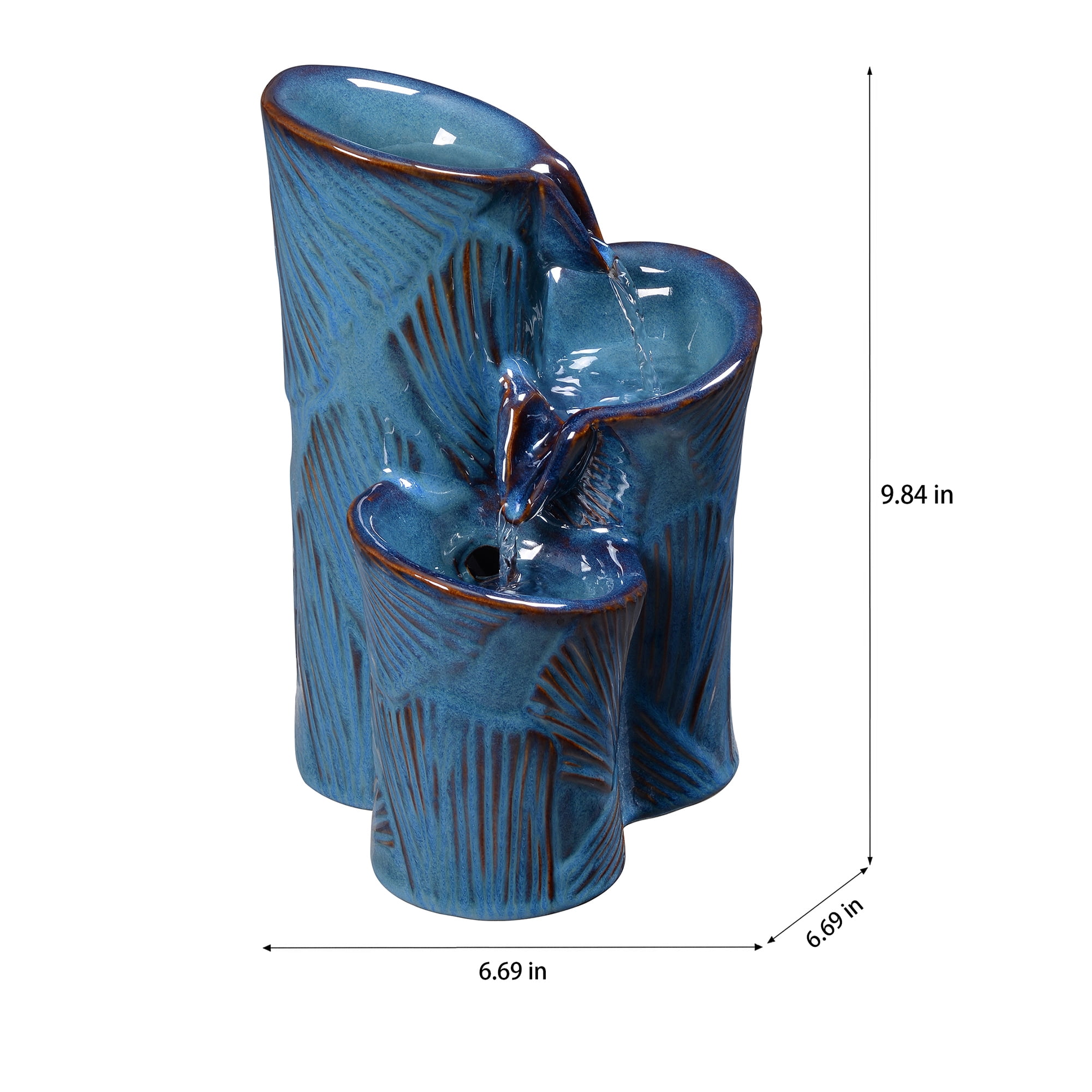 Blue Ceramic Tabletop Cascade Fountain, Decorative Water Fountain with LED Lights and Quiet Pump, Indoor Outdoor Water Feature for Patio, Garden, Deck, Balcony, Office and Home Décor