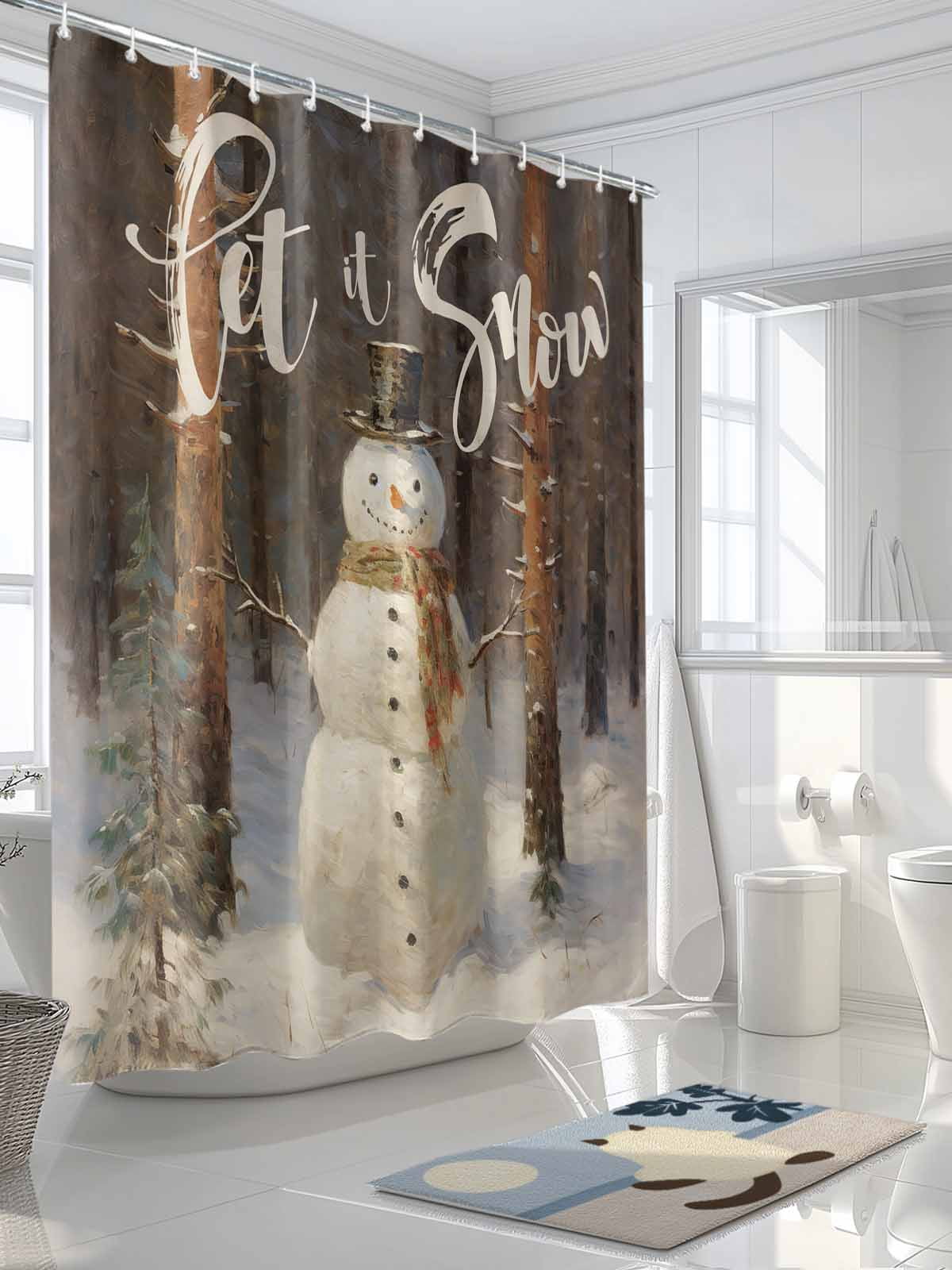 Christmas Shower Curtain Set, Waterproof Shower Curtains for Bathroom, Xmas Tree Snowman Let Snow Oil Painting Washable Fabric Cloth Bath Curtain for Bathtub Decoration with Hooks 72x78 Inches