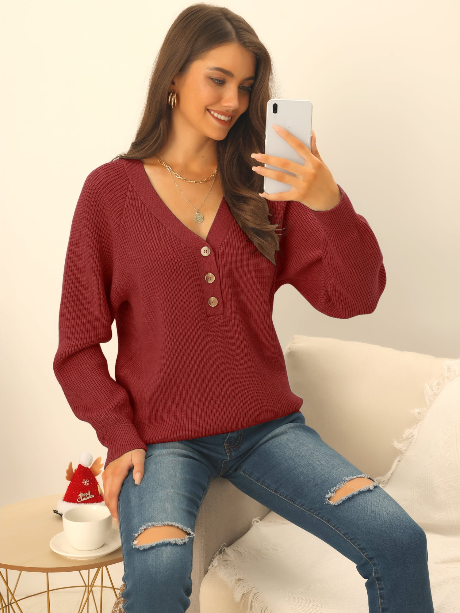 Women's V Neck Button Up Long Sleeve Ribbed Knit Loose Chunky Warm Pullover Sweater Top L Wine Red