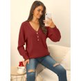 thumbnail image 3 of Women's V Neck Button Up Long Sleeve Ribbed Knit Loose Chunky Warm Pullover Sweater Top L Wine Red, 3 of 6