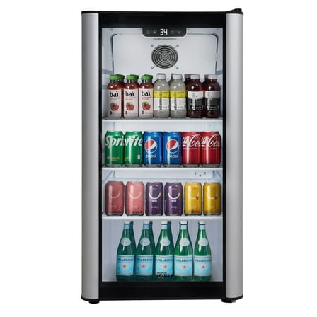 Premium Levella PRF36DX Glass Door Display Refrigerator 3.1 cu ft Commercial Beverage Cooler Merchandiser - Silver