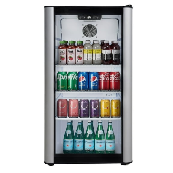 Premium Levella PRF36DX Glass Door Display Refrigerator 3.1 cu ft Commercial Beverage Cooler Merchandiser - Silver