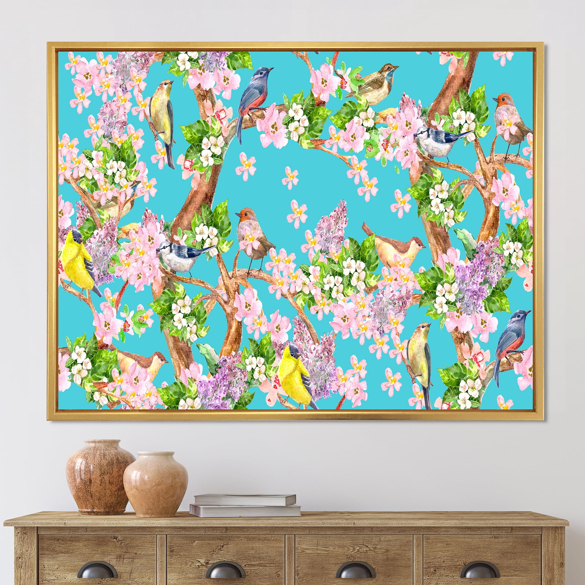 Designart 'Little Birds Sitting On Spring Flow Tree' Traditional Framed Canvas Wall Art Print