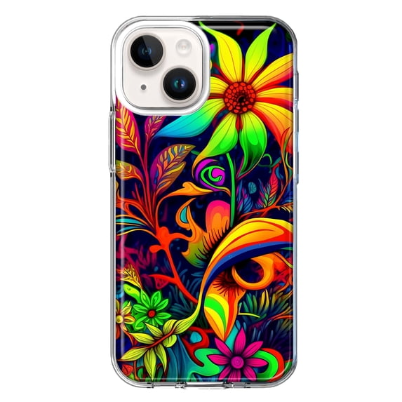 MUNDAZE Apple iPhone 14 Plus Shockproof Clear Hybrid Protective Phone Case Neon Rainbow Psychedelic Trippy Hippie Daisy Flowers